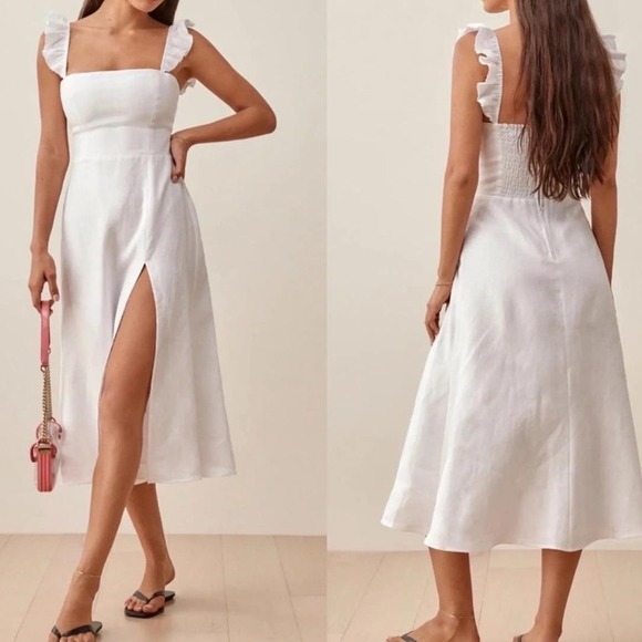 Reformation Dresses & Skirts - Reformation White Linen Midi Dress Ruffle Strap Slit Cottagecore Summer Sz 0 kk